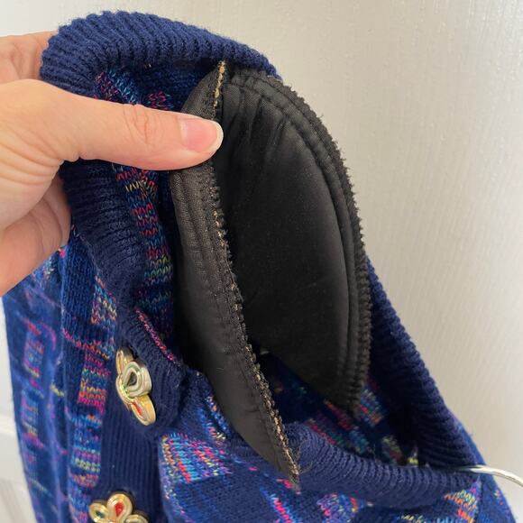 Vintage I. Magnin Castlebrook 80's Cardigan Knit Jacket Blue Geo Jewel Button 12 - Picture 6 of 7